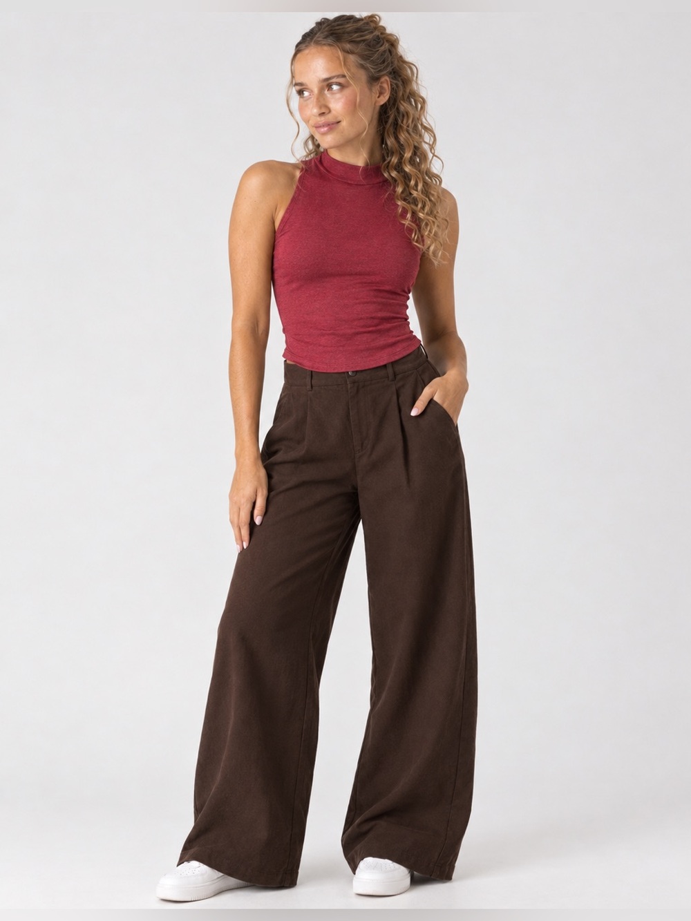 LEITH Sleeveless Turtleneck Camisole in Rustic Red - Fall, Boho